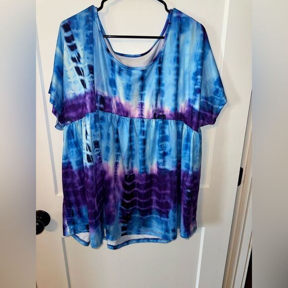 Blue and Purple Short Sleeve Tie Front Blouse - Picture 1 of 5